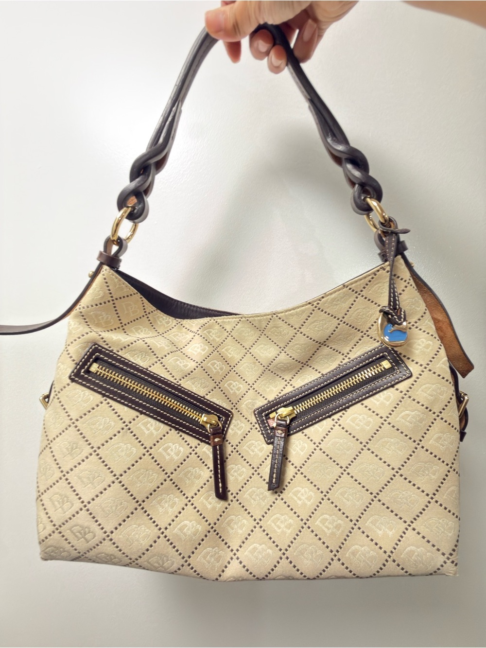 Dooney & Bourke Beige Quilted Shoulder Bag with Brown Trim